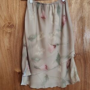 Vintage Kathy Roberts Y2K Fairycore Skirt Tan Pink Green Floral Tiered Flowy 10